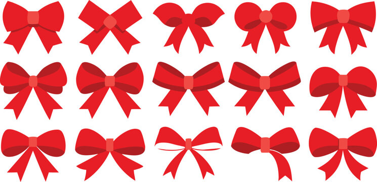 Collection of red ribbon bows in various styles and sizes