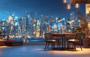 Naklejka premium Evening rooftop dining table with modern chairs and city skyline view