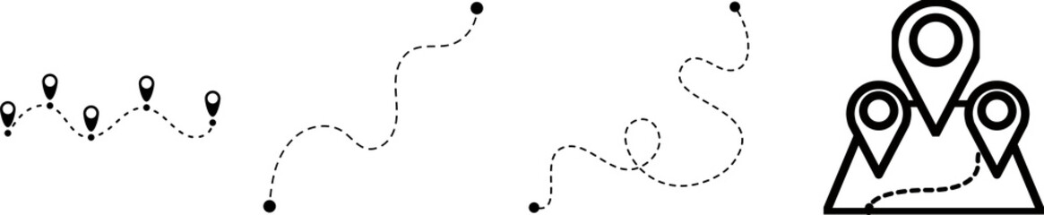 Location Doted Line Airplane and Car routes path with location pins. Airplane line path icon of air plane flight route with start point and dash dotted line trace set of Route location icon PNG © Jhon