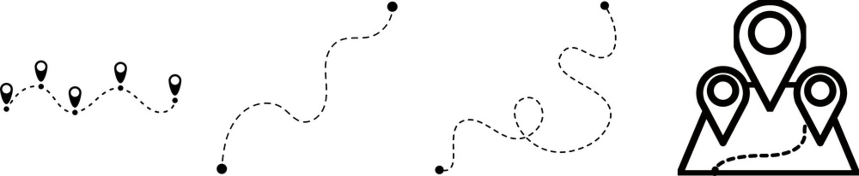 Location Doted Line Airplane and Car routes path with location pins. Airplane line path icon of air plane flight route with start point and dash dotted line trace set of Route location icon PNG