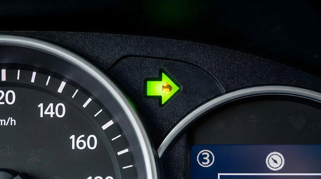 Close-up of car dashboard turn signal indicator light glowing green