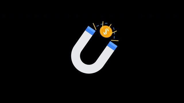 Horseshoe magnet attracting golden dollar coins wealth and lead generation concept animation loop 4K