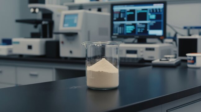 Powder sample in beaker on lab table. Scientific equipment and computer monitor in background. Chemical analysis and food science research in modern facility.