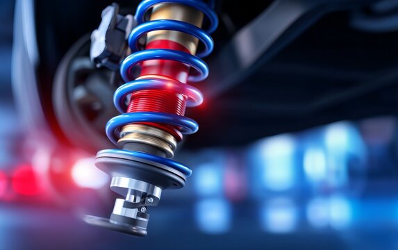 Close-Up View of Single Coilover Suspension Component with Blue Spring