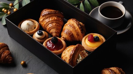 Obraz na płótnie Canvas Gourmet pastry box with assorted croissants, tarts, and cream puffs. Elegant assortment includes coffee and berries. Perfect for luxury brunch or dessert.