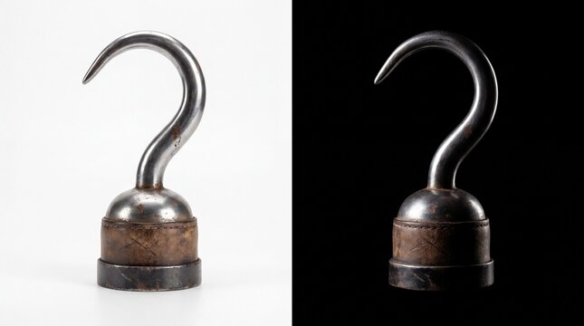 Vintage metal pirate hook hand prosthetic with leather base, presented on white and black backgrounds weathered steel hook prop for captain costume, movie production or cosplay