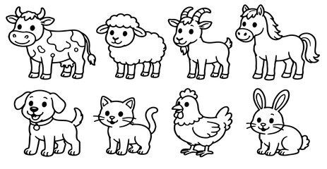 Fototapeta premium Hand-drawn farm and pet animals line art illustration set