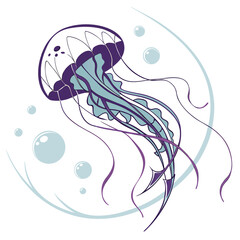 Purple and blue jellyfish illustration with bubbles © Manna