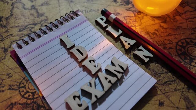Wooden letters spelling 'EXAM' and 'IDEA' are arranged on a lined notebook page.
