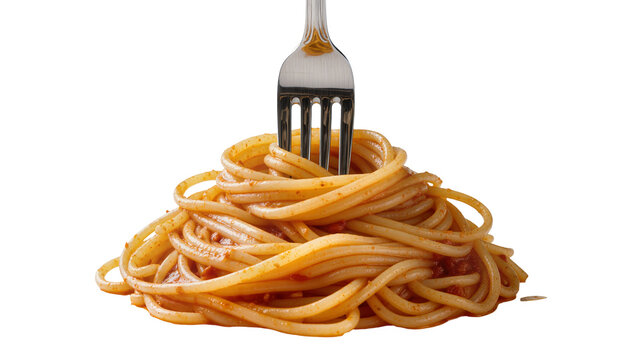 Spaghetti with tomato sauce and a fork, isolated on transparent background