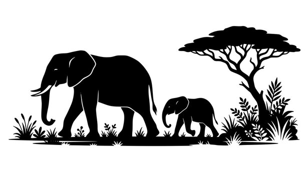 African elephant mother and calf silhouette with savanna tree vector isolated on white