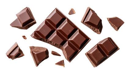 Obraz premium Dark chocolate bar pieces scattered, isolated on transparent background