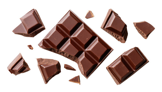 Dark chocolate bar pieces scattered, isolated on transparent background