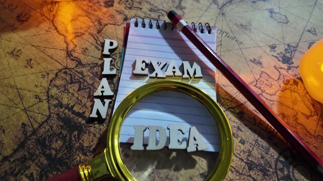 A red pencil and a magnifying glass lie on a notebook next to 'PLAN' and 'IDEA'.