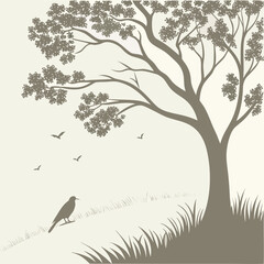 Fototapeta premium Brown tree silhouette with bird and flying birds