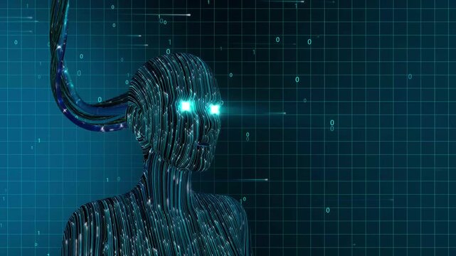 Futuristic AI Humanoid Head with Glowing Eyes and Data Streams