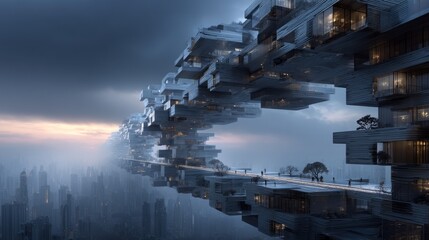 Naklejka premium Futuristic cityscape with modern cantilevered structure and foggy skyline