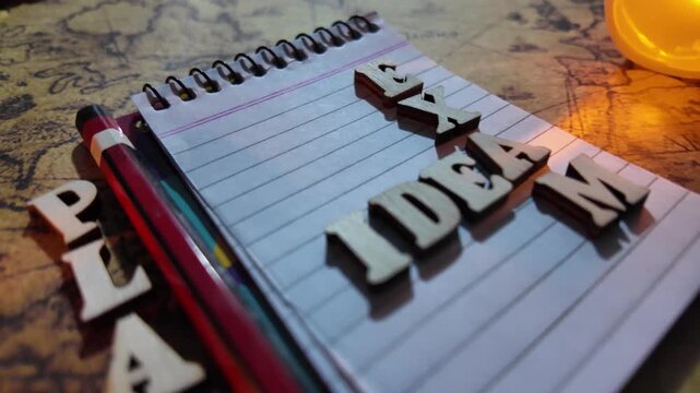 A notebook with 'IDEA' written on it is positioned near 'PLAN' and a red pencil.