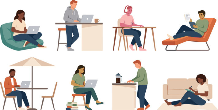 People Working and Studying from Home Collection with Remote Work, Online Learning, and Relaxed Lifestyle Vector Illustration Designs