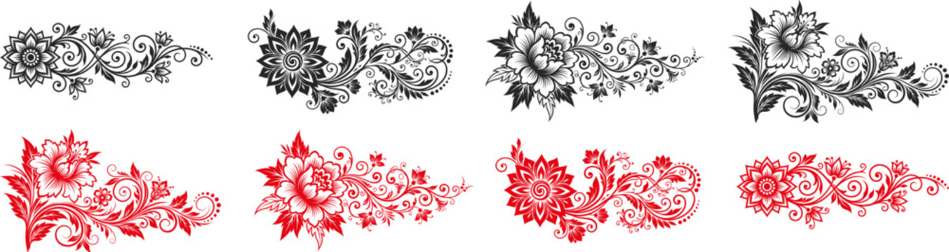 Elegant floral ornament set in black and red colors. Vintage decorative corner elements and borders with blooming flowers and swirling leaves.