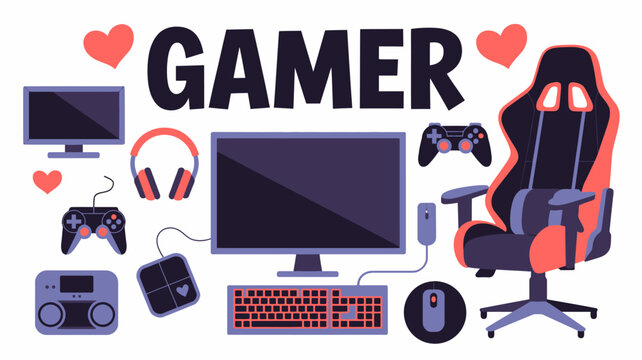 colorful illustration of gaming setup with computer peripherals and gamer text on white