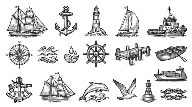 Nautical elements collection hand drawn sketch style.