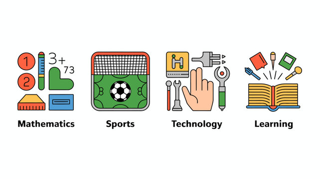 Four colorful education icons representing mathematics sports technology and learning on a white background