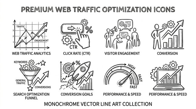 Monochrome vector icons for web traffic optimization and digital marketing strategy.