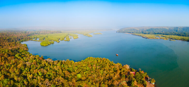 Querim beach, Terekhol river aerial panoramic view, Goa