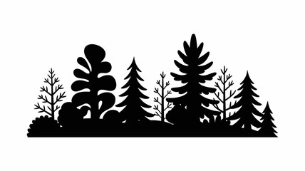 black and white silhouette of coniferous trees and shrubs against a white background © Roxxxxxxxxx