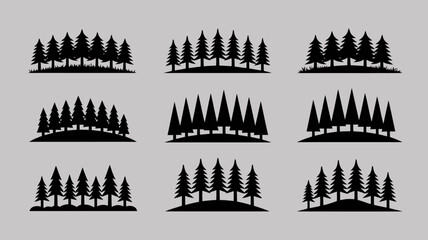 Nine black silhouette pine tree and hill arrangements on a gray background © Roxxxxxxxxx