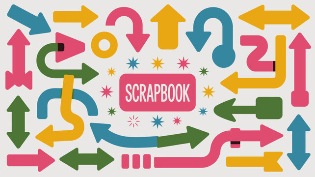 Colorful arrow arrangement with scrapbook label flat vector illustration on a light background
