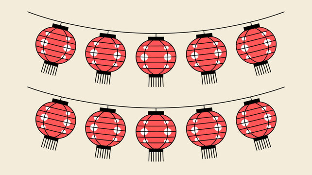 red paper lanterns hanging on strings decorative illustration with beige background