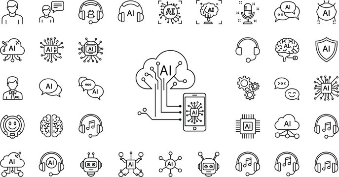 Artificial Intelligence Communication Automation And Digital Assistant Outline Vector Icon Collection For Modern Technology Projects