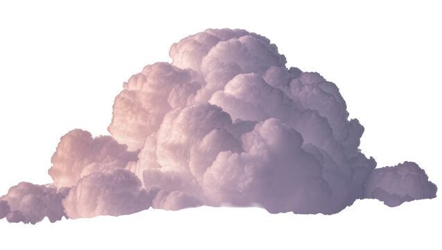 Fluffy cumulonimbus cloud with pink and purple hues, isolated on transparent background