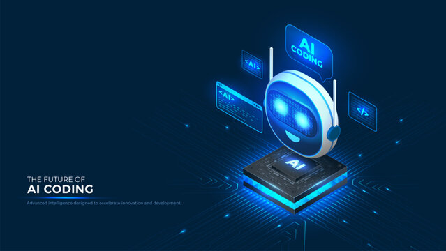 Ai robot coding software and artificial intelligence development. Vector illustration