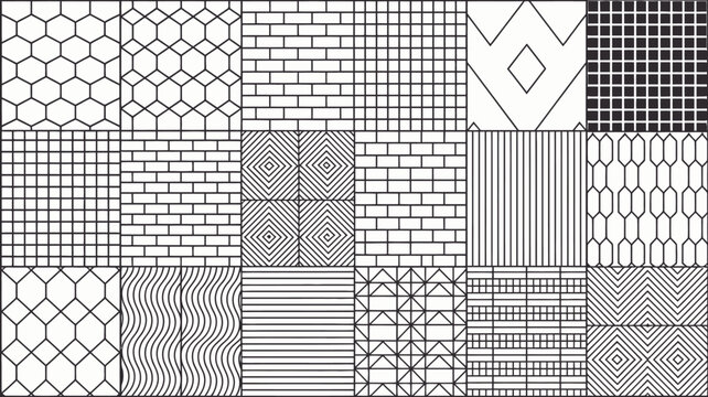 geometric pattern collection black and white line art with varied tile designs