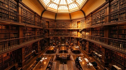 Fototapeta premium Grand Library Interior with Reading Tables and Sunlight