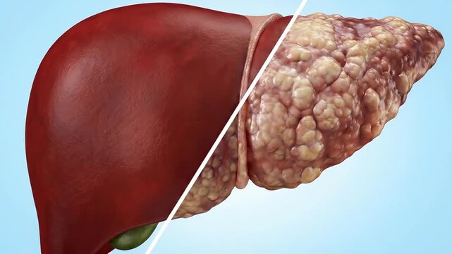 Human liver, healthy normal organ compared with severely diseased tissue, medical pathology concept, chronic fatty hepatic disease, health awareness, research study