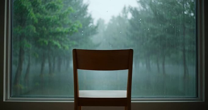Wooden chair by window with rain drops overlooking misty forest trees glass nature rainy weather indoors solitude calm peaceful green wet reflection quiet home furniture background moisture landscape