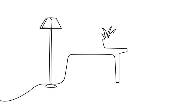 Continuous one line office desk furniture work art sketch interior. Office desk chair home vector illustration drawing lineart outline icon inside doodle linear room house style background company
