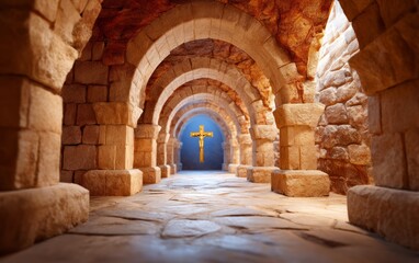 Obraz premium Ancient stone archway corridor leading to illuminated golden cross in sacred space