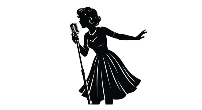 Vintage silhouette of a female singer with microphone retro performance illustration