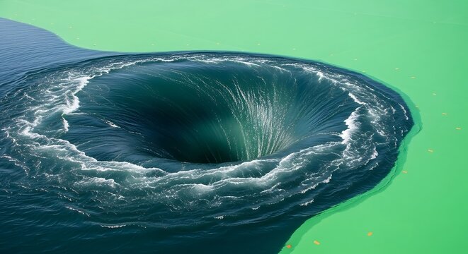Powerful swirling ocean vortex creates a deep funnel in the water
