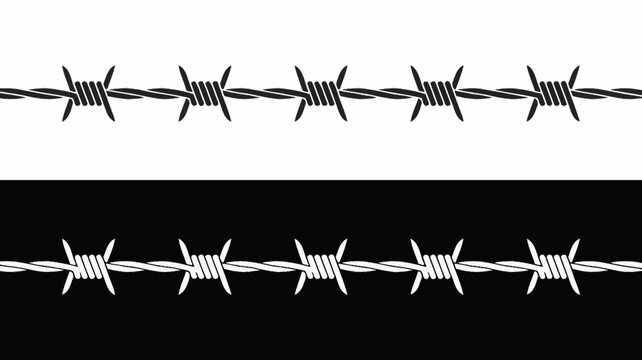 Barbed wire silhouette illustration on white and black backgrounds security fencing design