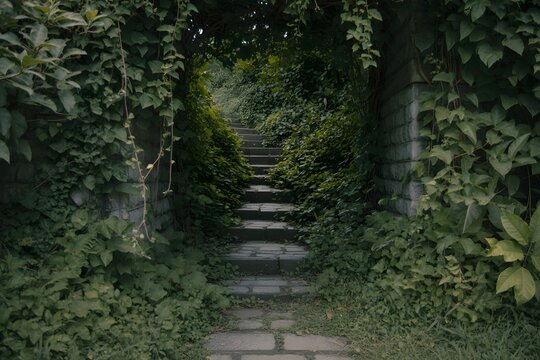 Moss-covered stone steps in a dark forest