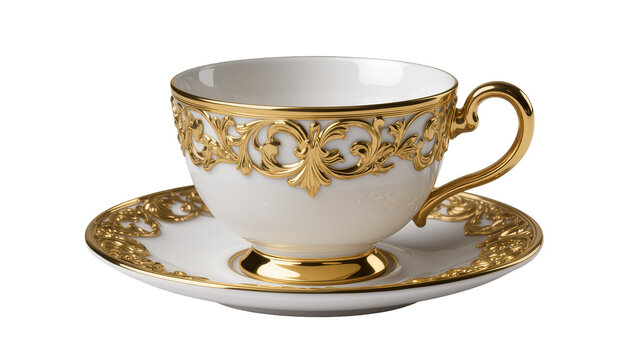 Ornate gold filigree porcelain teacup and saucer set elegant luxury, isolated on transparent background