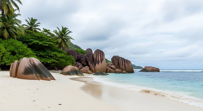 Pristine white sand beach with large, rounded granite boulders and lush green palm trees