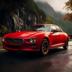 Naklejka premium Red coupe driving on wet mountain road