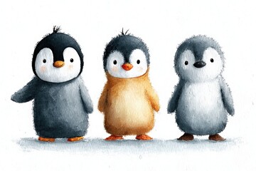 Fototapeta premium Adorable Trio of Fluffy Baby Penguins Standing Together in a Cute Watercolor Illustration